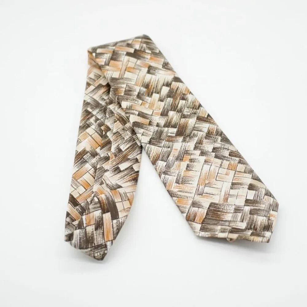 Oleg Cassini Deco Art Abstract Print Brown Polyester Short Wide Tie‎